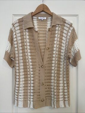 emory park Beige and White Crochet Short-Sleeve Cardigan Sweater